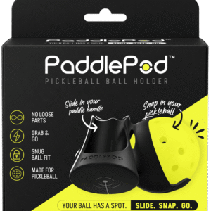 PaddlePod pickleball ball holder retail packaging showing the one-piece paddle-mounted ball holder