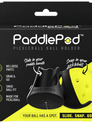 PaddlePod pickleball ball holder retail packaging showing the one-piece paddle-mounted ball holder