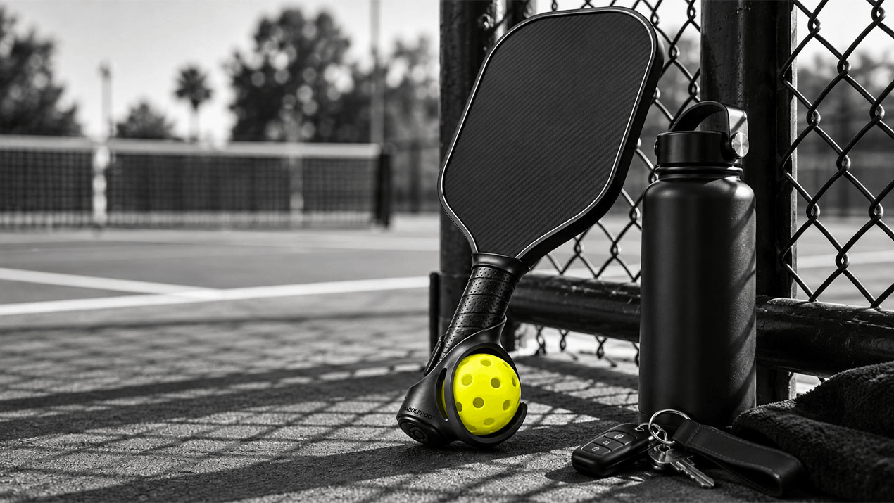 PaddlePod pickleball ball holder attached to a paddle beside a pickleball court