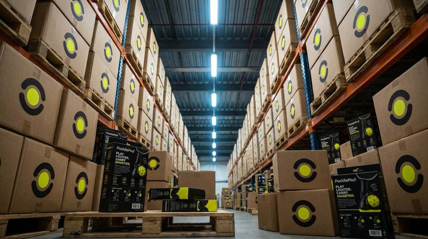 PaddlePod pickleball ball holder packaging and branded boxes in a warehouse aisle
