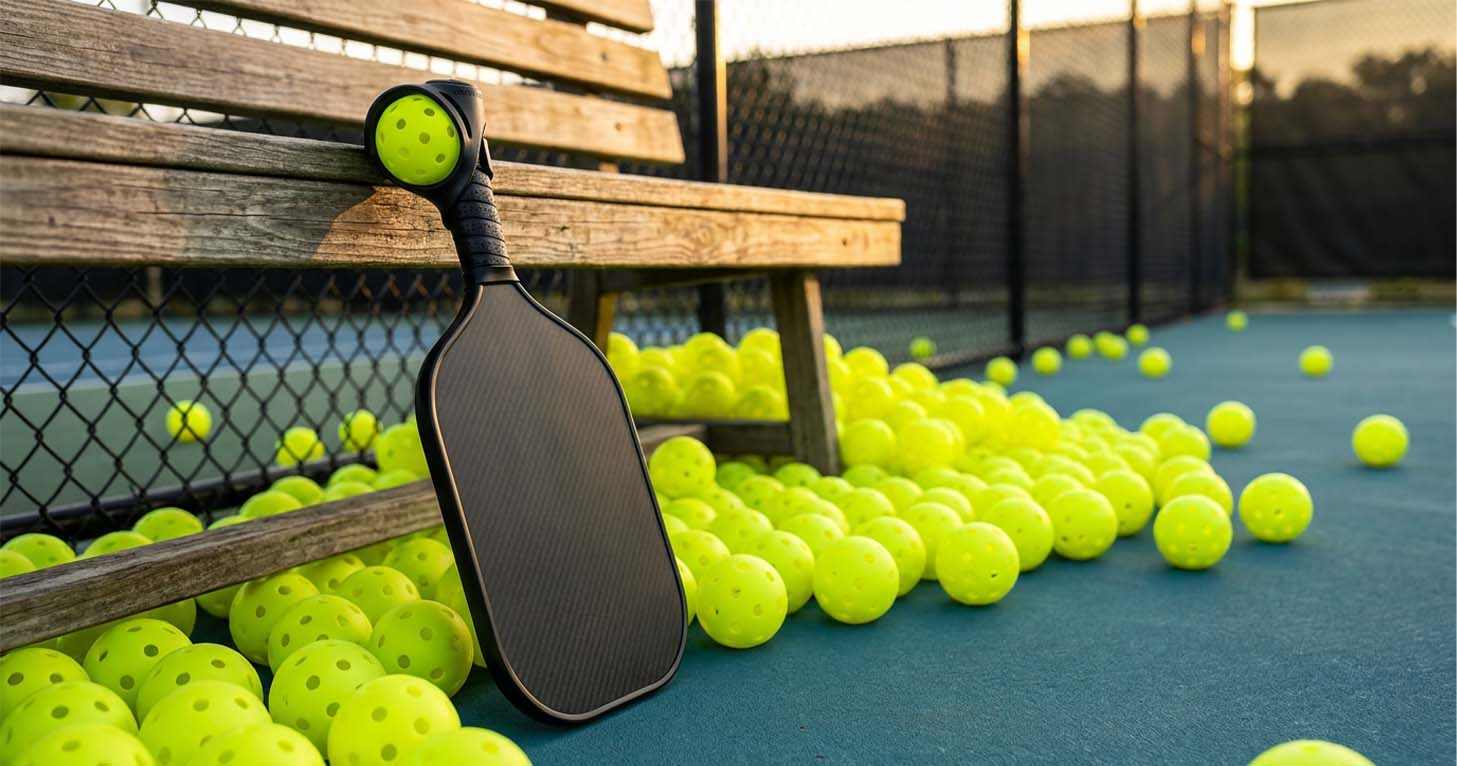 Pickleball paddle with PaddlePod ball holder surrounded by pickleballs on a court