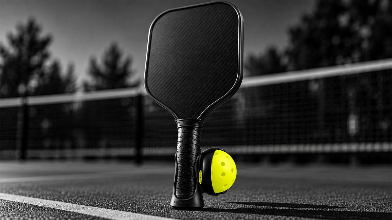 PaddlePod pickleball ball holder attached to a black paddle handle, holding a neon yellow pickleball on an outdoor court