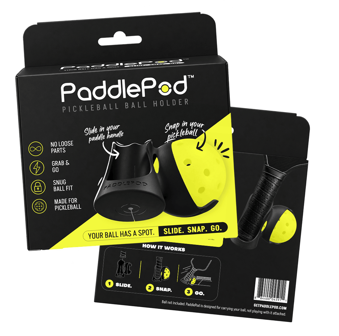 Front and back of PaddlePod pickleball ball holder retail packaging showing product features and installation instructions